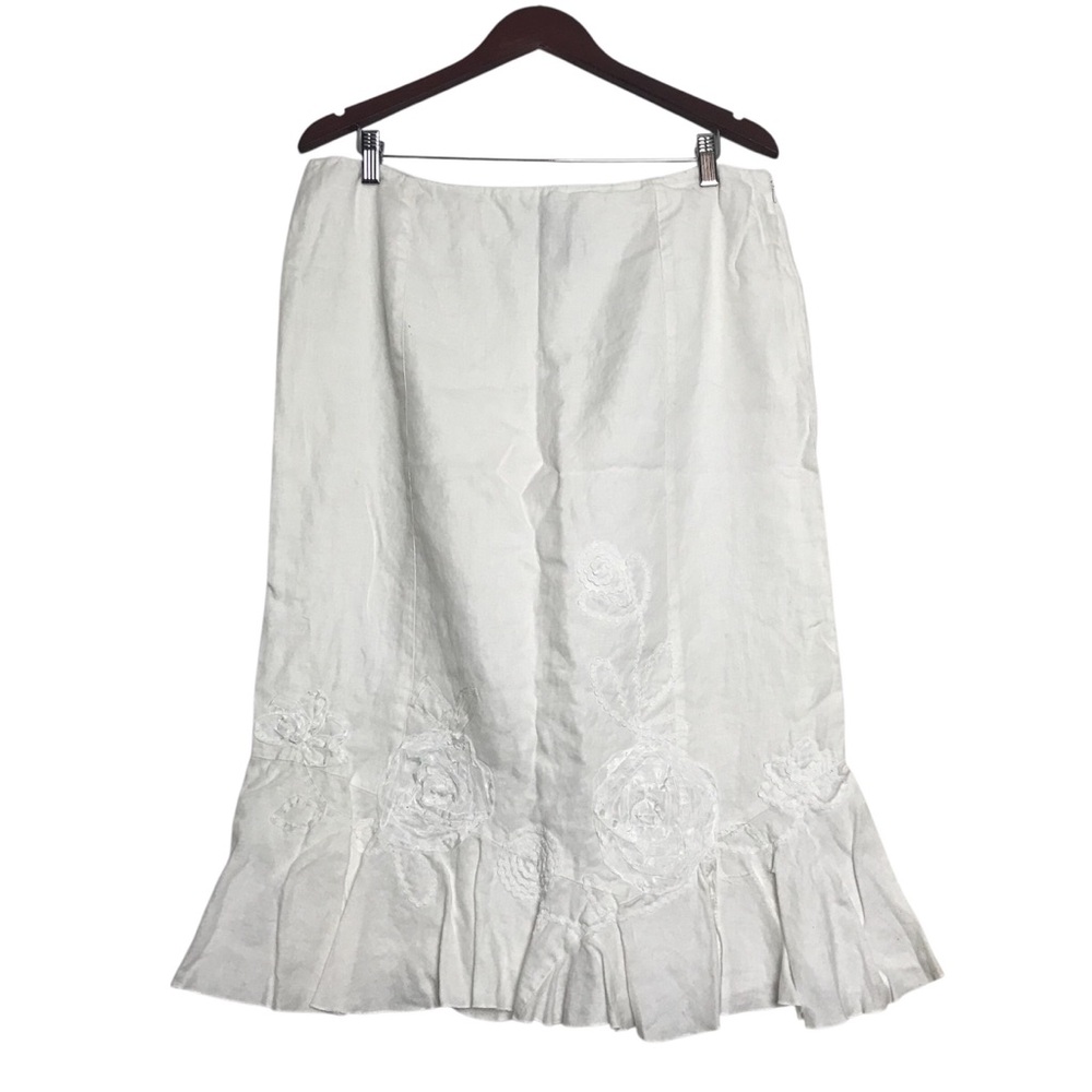 Nine West Womens White Linen Floral Embroidered MIDI Skirt Size 14 Coastal Beach